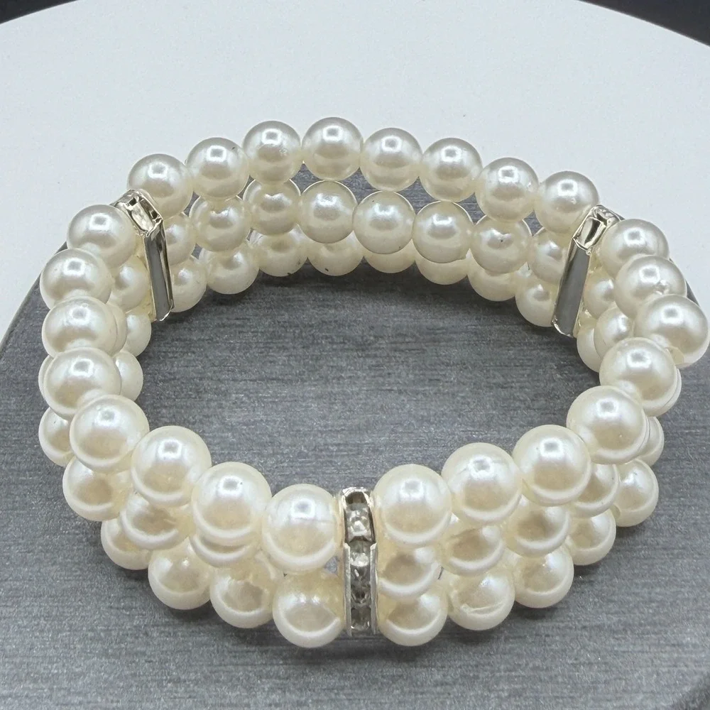 Three Strand Faux Pearl Rhinestone Stretch Bracelet Cuff Cream Statement Jewelry